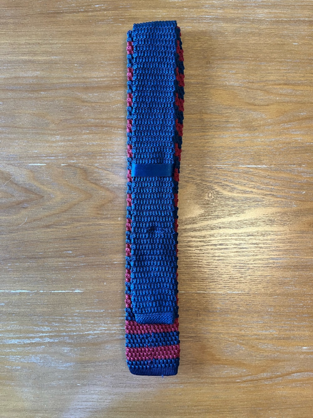 Knit Tie Burgundy Navy Striped Skinny Necktie Textured Square End - Picture 3 of 3